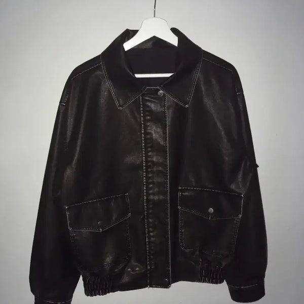 [BUNJANG] Wonder Wonder Bloom Vintage Washed Pocket Boxy Leather Jacket / 원더원더 블룸 빈티지 워싱 포켓 박시 레더자켓