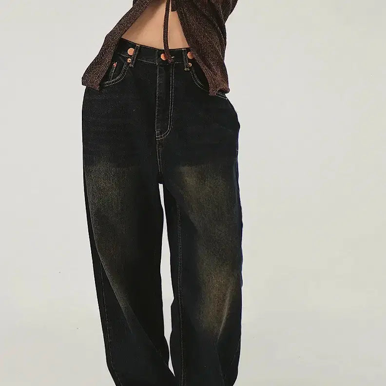 [BUNJANG] ANKA Bijou Button Detail Washed Wide Denim Pants (Dark Blue) / 앙카 비죠 단추 디테일 워싱 진청 와이드데님팬츠