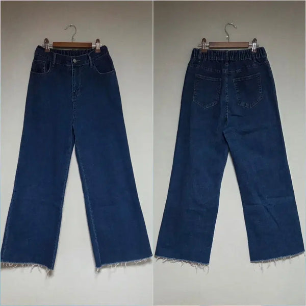 [BUNJANG] Women's High-Waisted Wide Leg Denim Pants with Raw Hem / 밴딩 와이드 데님 팬츠