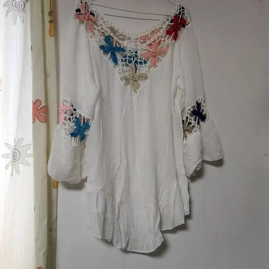 [BUNJANG] Cotton Crochet Tunic Blouse with Punching Detail - Set of 2 / 새옷)아사면 크로셰 블라우스 펀칭 튜닉 2종F
