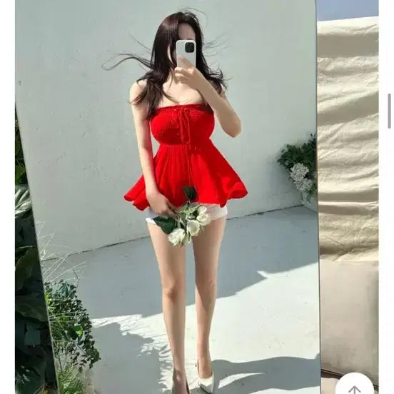 [BUNJANG] Red Tube Top Blouse / 레드 튜브탑 블라우스 새상품