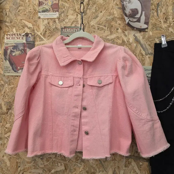 [BUNJANG] Pink Denim Puff Short Jacket / 핑크 데님 자켓 퍼프 숏 청자켓 F
