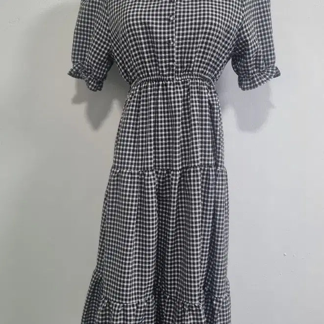 [BUNJANG] Gingham Check Puff Sleeve Ruffle Long Dress / 깅엄체크 캉캉 반팔 롱원피스