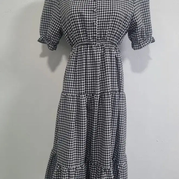 [BUNJANG] Gingham Check Puff Sleeve Ruffle Long Dress / 깅엄체크 캉캉 반팔 롱원피스