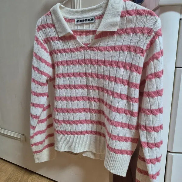 [BUNJANG] CHICKS Pink Stripe Collar Knit / CHICKS 핑크 스트라이프 카라 니트