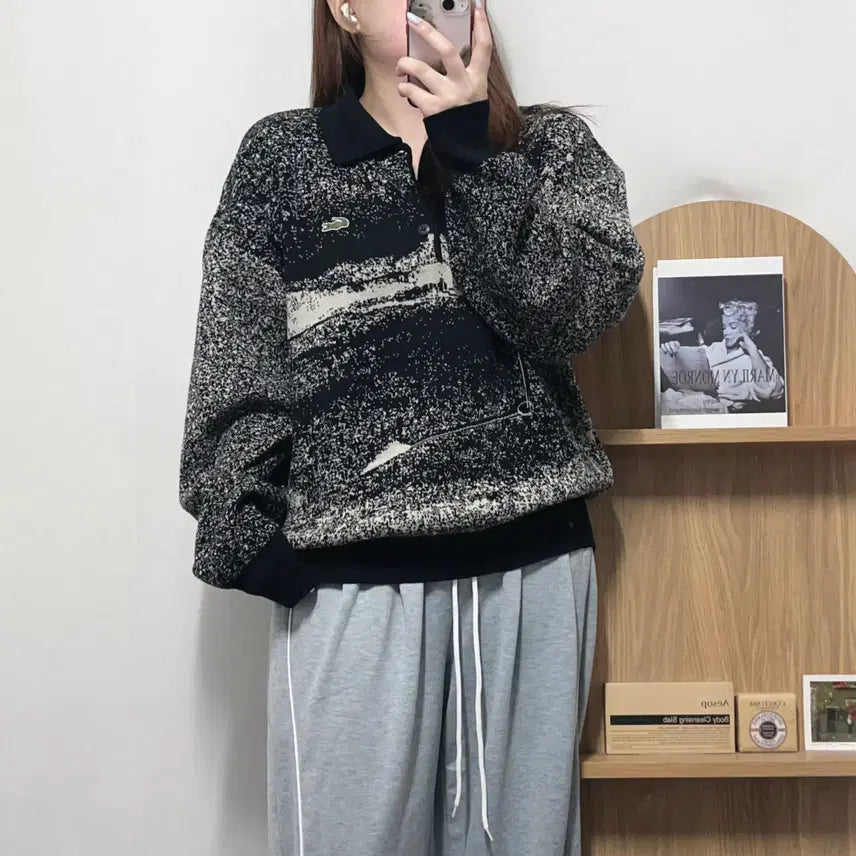 [BUNJANG] Lacoste Black Pattern Wool Knit Polo Shirt / 라코스테 블랙 패턴 울 카라니트 [ 105 ]