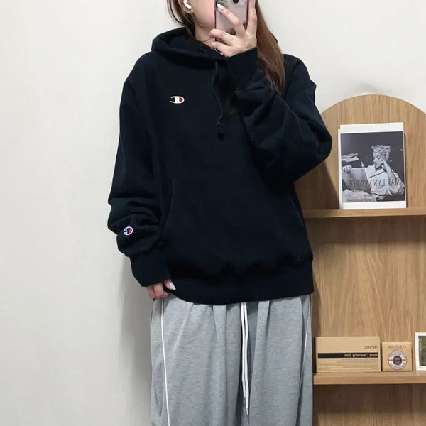 [BUNJANG] Champion Black Two Logo Fleece Hoodie [M] / 챔피온 블랙 투로고 기모 후드티 [ M ]