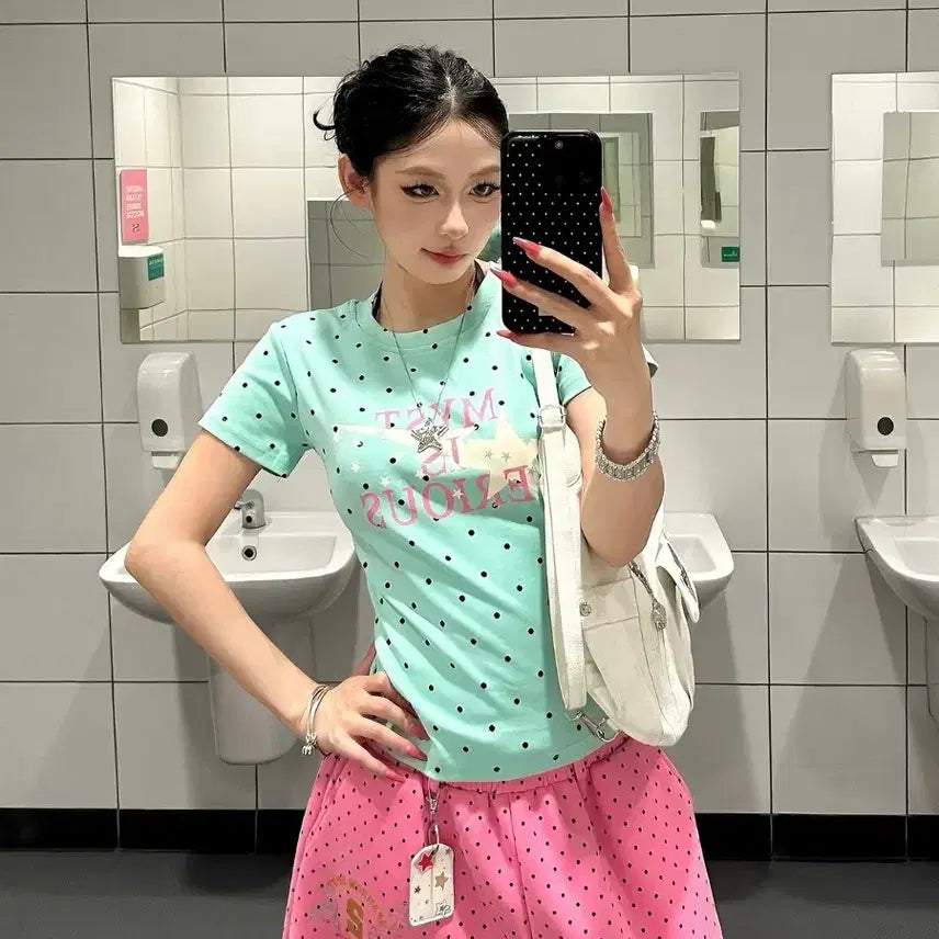 [BUNJANG] Mint Polka Dot Crop T-Shirt / 민트색 크롭티 땡땡이 반팔티셔츠 y2k 크롭티 도트티셔츠 갸루 민트티셔츠