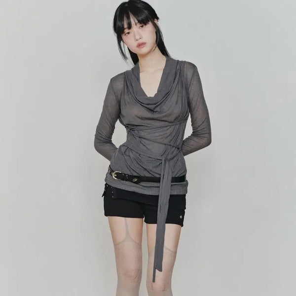 [BUNJANG] Pain Or Pleasure Lily Cowl Ribbon Top Charcoal S / 페인오어플레져 릴리 카울 리본 탑 차콜 S