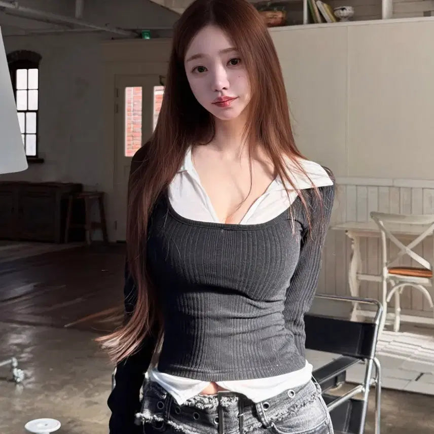 [BUNJANG] Ribbed Long-Sleeve Layered Shirt / 레이어드 셔츠 골지 티