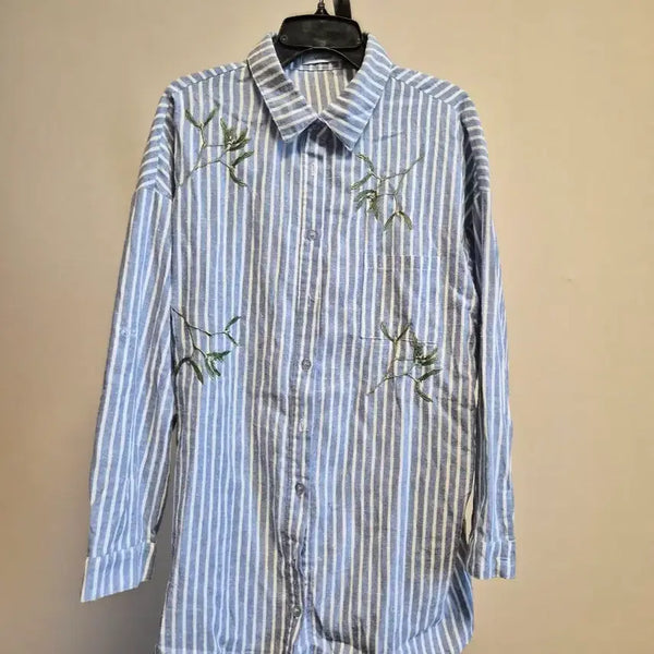 [BUNJANG] Striped Embroidered Long Shirt (Free Size) / 스트라이프 자수 롱 셔츠 free size