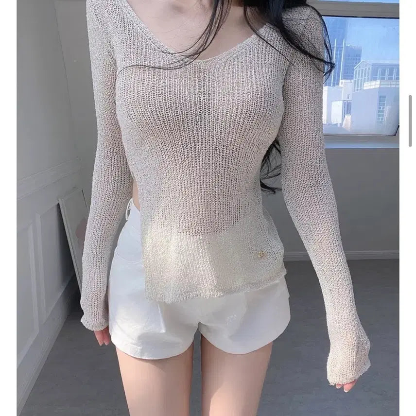 [BUNJANG] Summer See-through V-neck Knit with Side Slits / 썸머 그물 시스루 브이넥 옆트임 부클 니트티 3컬러