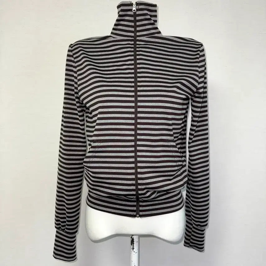 [BUNJANG] Zip-Up Jersey with Striped High Neck / 하이넥 스트라이프 집업 져지