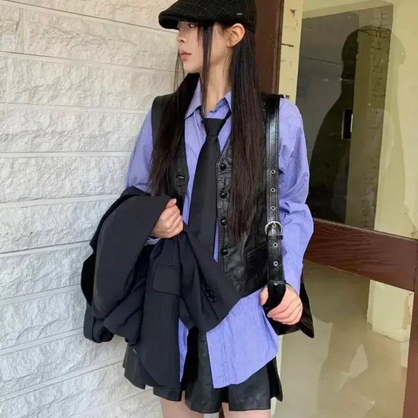 [BUNJANG] Vintage Preppy Look Fashion Set: Leather Vest, Skirt, Shirt, and Hunting Cap / 프레피룩 빈티지 코디세트 가죽베스트 + 스커트 + 셔츠 + 가죽 헌팅캡