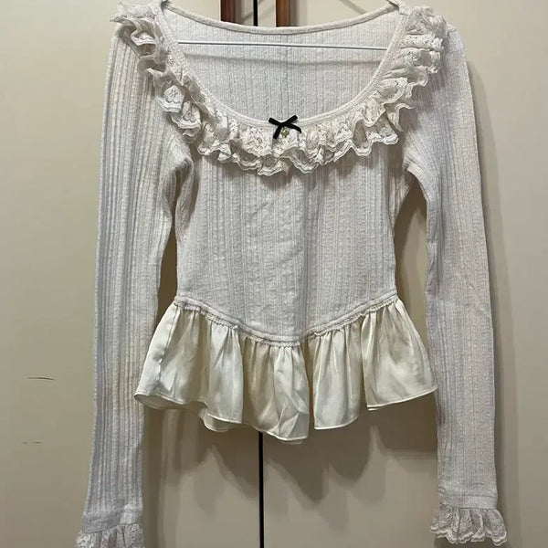 [BUNJANG] Ivory Balletcore Frill Lace Ribbon Knit Top / 아이보리 발레코어 프릴 레이스 리본 니트 탑