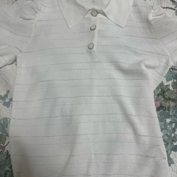 [BUNJANG] White Stripe Puff Sleeve Collar T-shirt / SI 화이트 스트라이프 퍼프 소매 카라티