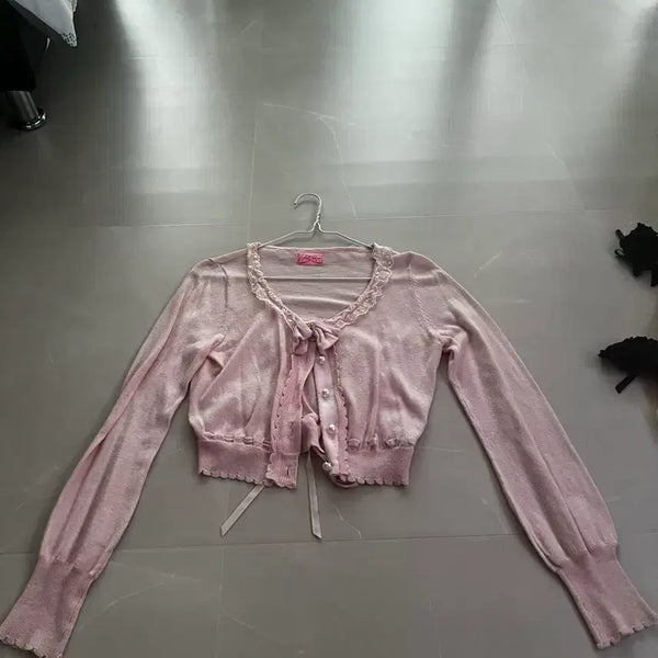[BUNJANG] Nail Perch Pink Ribbon Pearl Embellished Cardigan / 나일퍼치 핑크 리본 진주 장식 가디건