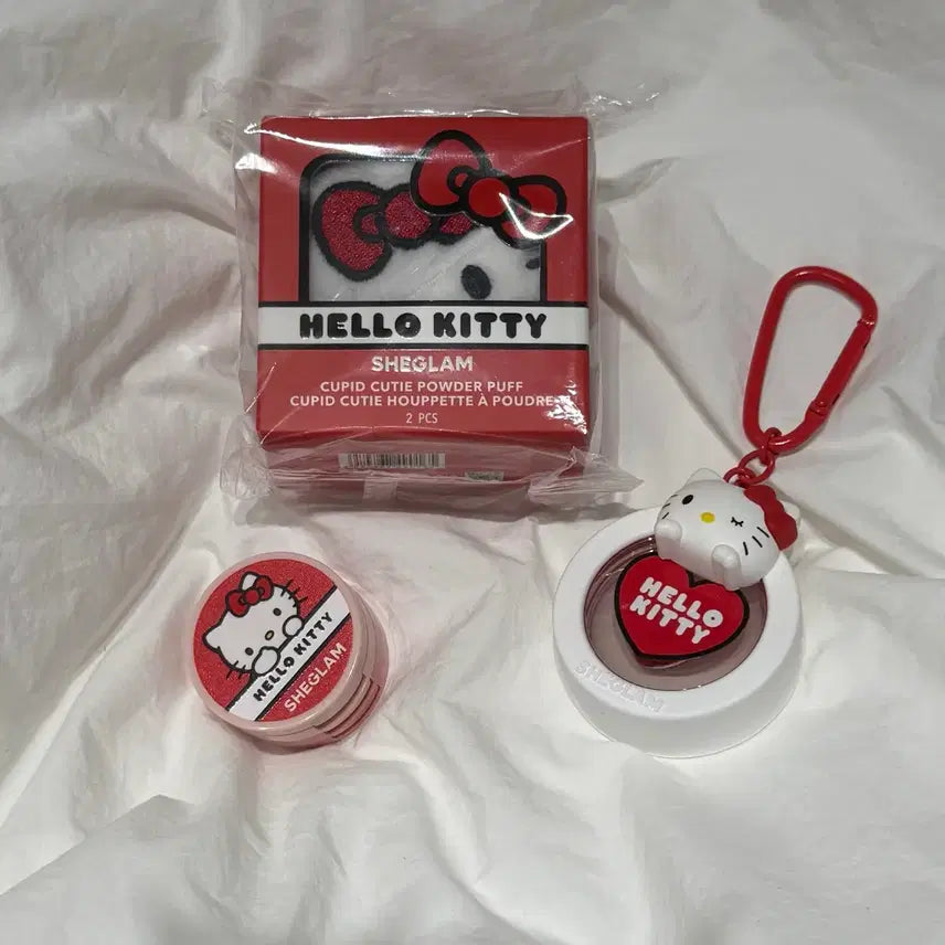 [BUNJANG] SHEGLAM Hello Kitty Powder Puff Set (2 Types), Eyeshadow, Lip Balm & Keyring / SHEGLAM 쉬글램 헬로키티 파우더퍼프 2종 아이섀도우 립밤 키링