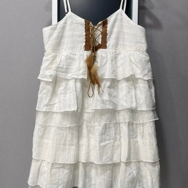 [BUNJANG] Vintage Ruffle Crochet Mini String Dress Mori Girl / 빈티지 캉캉 크로셰 화이트 미니 끈 원피스 모리걸