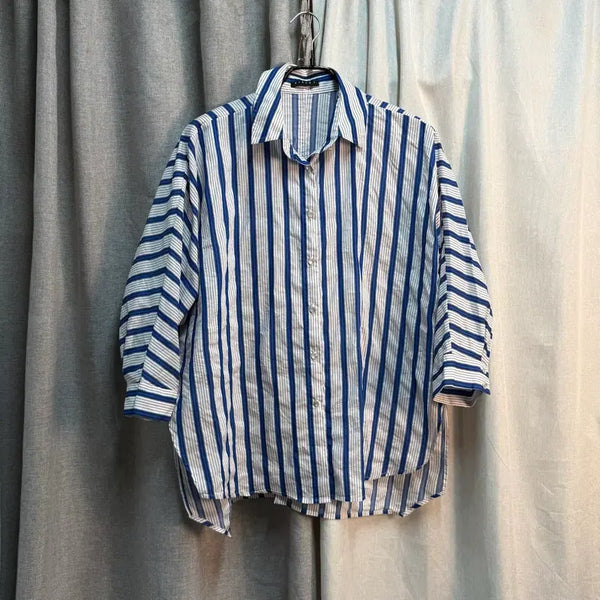[BUNJANG] Sisley Blue Summer Cotton Stripe Shirt / [FREE] 시슬리 블루 여름 코튼 스트라이프 셔츠
