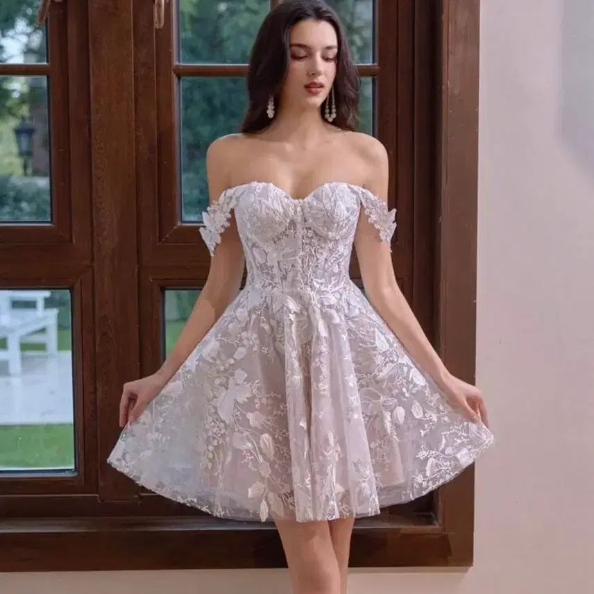 [BUNJANG] Lace Off-Shoulder Mini Dress / 셀프웨딩스냅 레이스 미니드레스