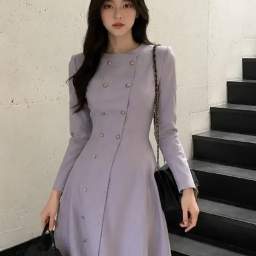 [BUNJANG] It Misha Lavender A-Line Double-Button Long Dress / 새상품)미샤 원피스 잇미샤 롱원피스 하객 예복 상견례 치마 롱스커트 결혼