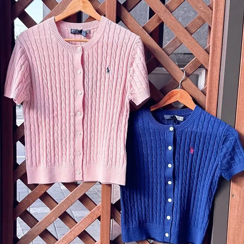 [BUNJANG] Polo Ralph Lauren Women's Twisted Short Sleeve Cardigan / 폴로 랄프로렌 여성 트위스트 반팔 가디건[페일핑크/블루]