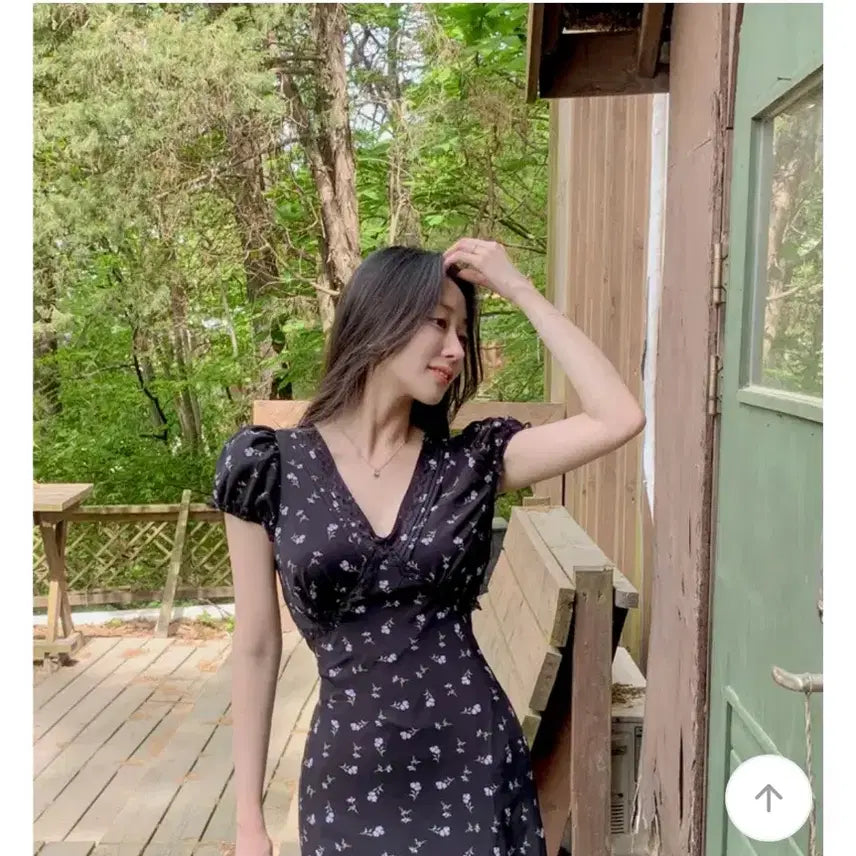 [BUNJANG] Black Flower Pattern Long Dress with Puff Sleeves / 플라워 패턴 블랙 롱 원피스