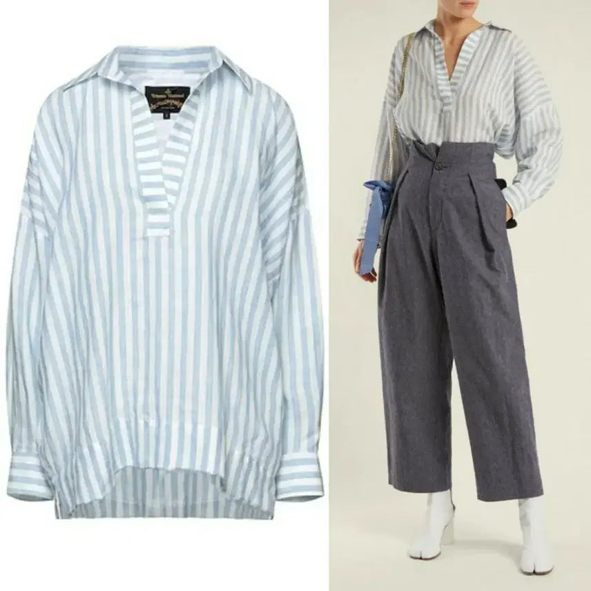 [BUNJANG] Vivienne Westwood Linen Stripe Pattern Oversized Tunic Blouse Shirt / 매장판)비비안웨스트우드 리넨 스트라이프패턴 오버핏 튜닉 블라우스 셔츠