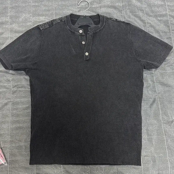 [BUNJANG] Black Ribbed Henley Short Sleeve T-Shirt / (새상품)머슬핏 피그먼트 핸리넥 반팔 니트 티