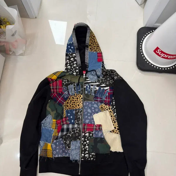 [BUNJANG] Supreme Patchwork Zip-Up Hoodie Sweatshirt Black 22FW / 마지막 가격- 슈프림 패치워크 집업 후드 스웨트셔츠 블랙 - 22FW
