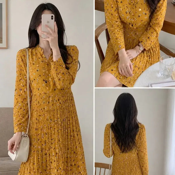 [BUNJANG] Yellow Floral Pleated Long Dress / 플라워 옐로우 플리츠 롱원피스