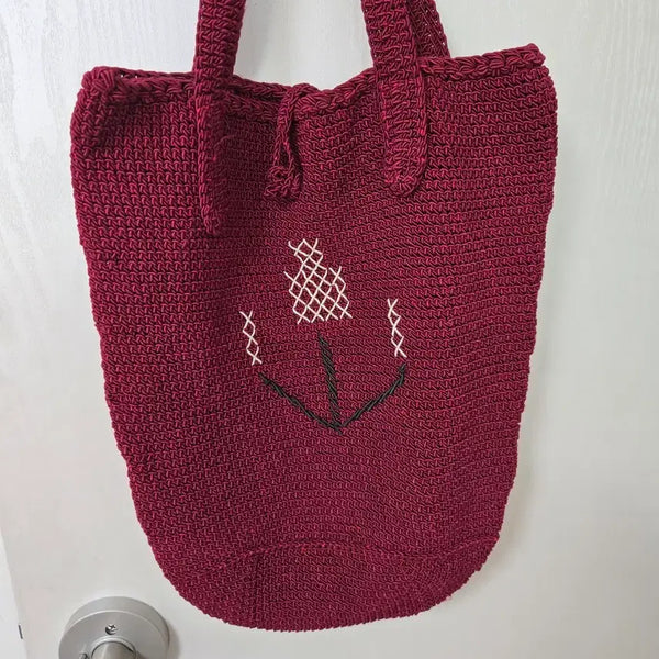 [BUNJANG] Hand-Knitted Anchor Embroidered Bucket Bag - Wine Color / 뜨개 앵커 자수 버킷백 와인색