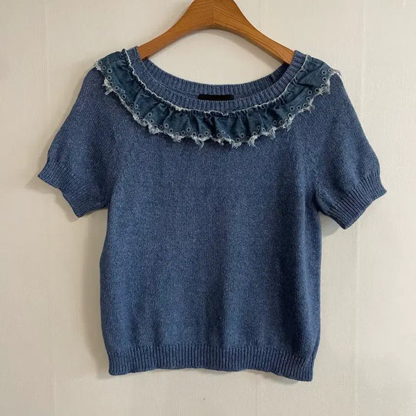 [BUNJANG] Moschino Boutique Denim Frill Knit (Blue) / 모스키노 부티크 데님 프릴 탑(블루)
