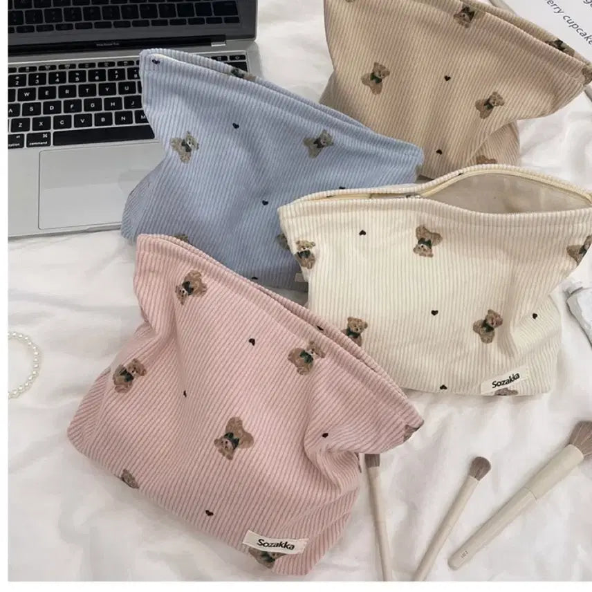 [BUNJANG] 2-Pack Corduroy Cosmetic Pouch with Bear Design / 1+1 곰돌이 코듀로이 화장품파우치