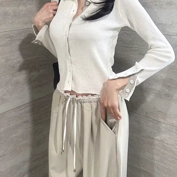 [BUNJANG] White Ribbed Cardigan + Banding Pants Set / 화이트 골지 카디건 + 밴딩 팬츠 세트