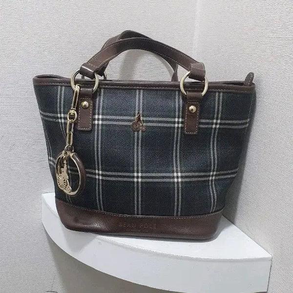 [BUNJANG] Beanpole Check Tote Bag with Charm Accessory / 빈폴 체크 토트백 가방 참 장식 포함