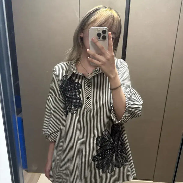 [BUNJANG] Vintage Striped Lace Embroidered Shirt Dress / 빈티지 셔츠 원피스