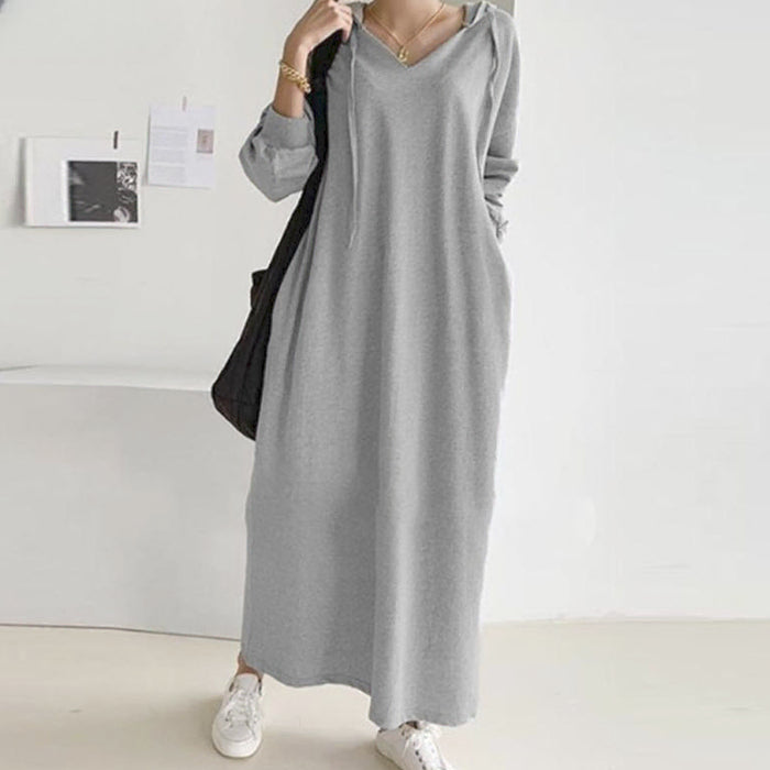 [BUNJANG] V-Neck Hooded Long Sleeve Dress (FREE Size, 3 Colors) / 브이넥 후드 롱 긴팔 원피스 3(FREE(77-99)(3컬러)