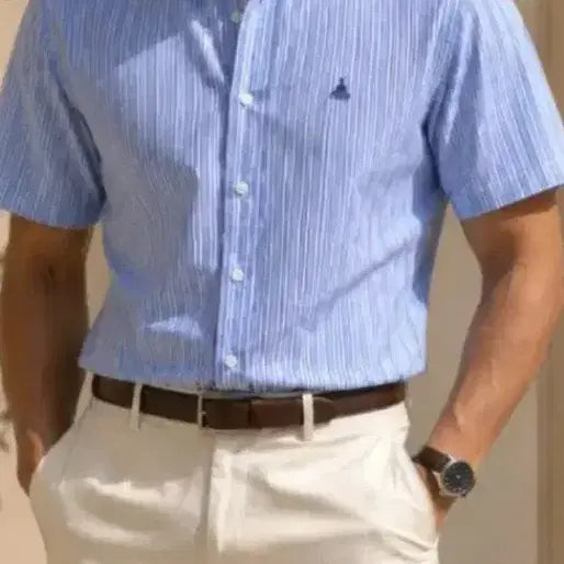 [BUNJANG] Beanpole Striped Short-Sleeve Oxford Shirt / 정품 ㅡ삼성 빈폴 95 스트라이프 반팔 옥스포드
