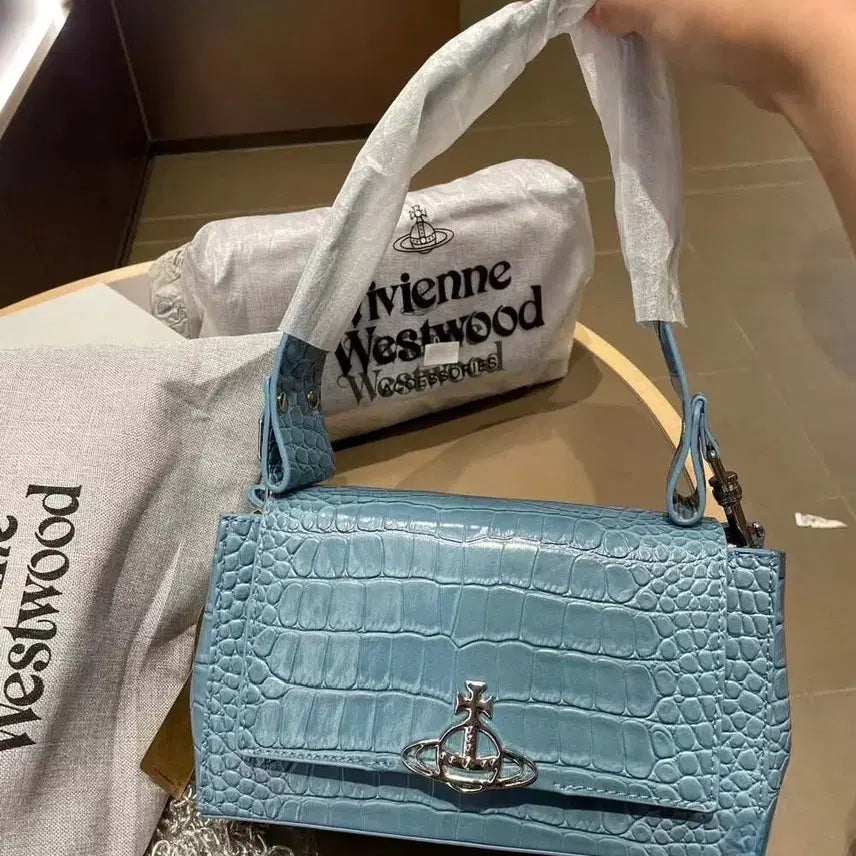[BUNJANG] Vivienne Westwood Medium Crocodile Leather Shoulder Bag with Mirror - Blue / 비비안웨스트우드 클러치백 숄더백 블루 미디옴 사이즈 악어 가죽 거울