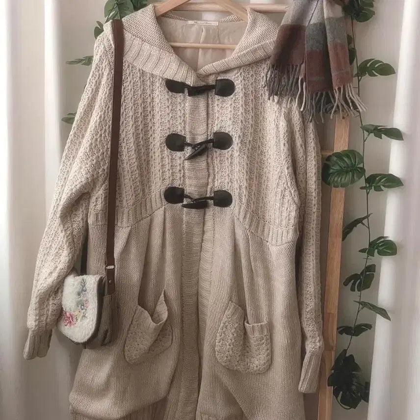 [BUNJANG] Vintage Mori Girl Mori-kei Knit Hooded Duffle Coat / 일본 빈티지 모리걸 대장 니트 후드 떡코
