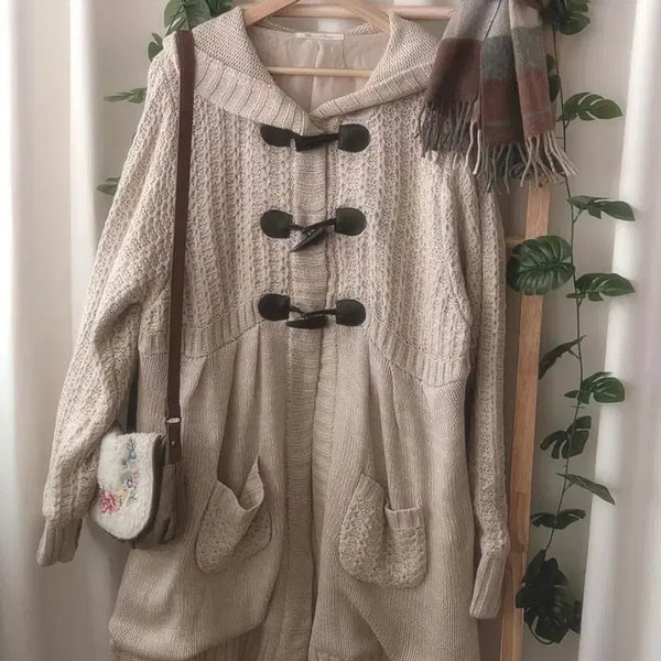 [BUNJANG] Vintage Mori Girl Mori-kei Knit Hooded Duffle Coat / 일본 빈티지 모리걸 대장 니트 후드 떡코