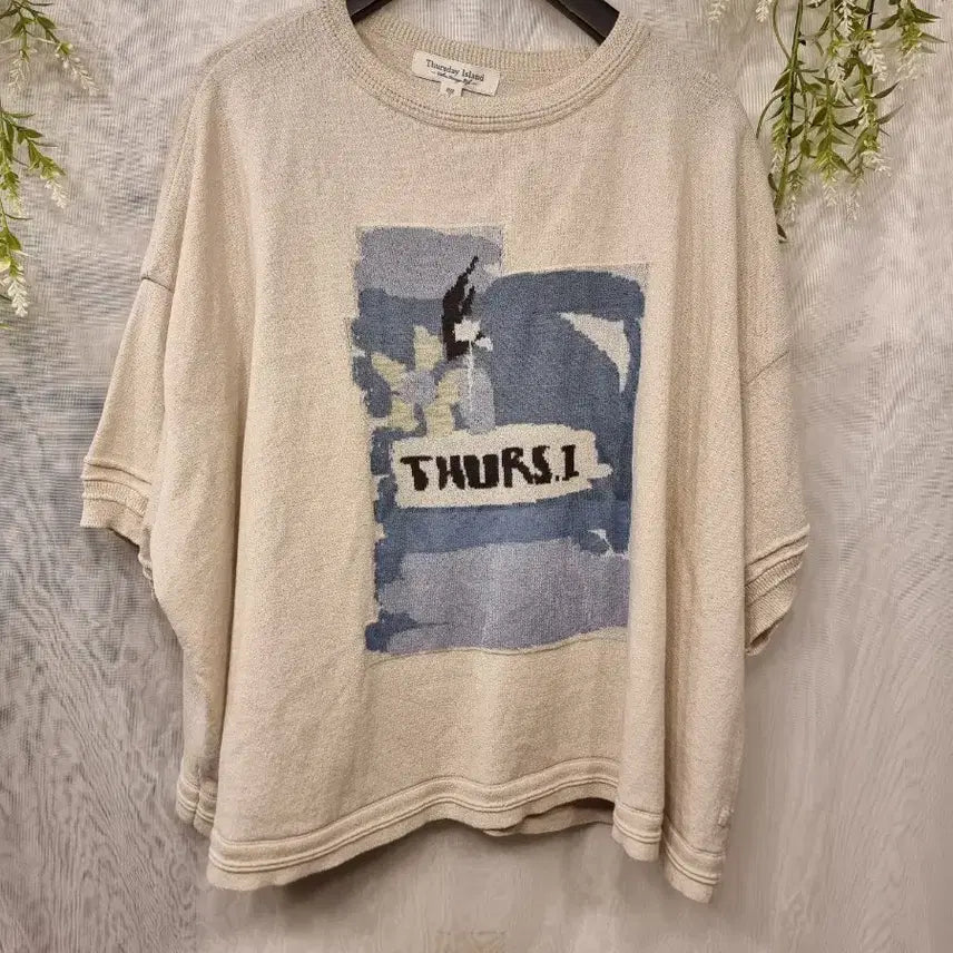 [BUNJANG] Thursday Island Flower Print Intarsia Oversized Short Sleeve T-Shirt / 미착용 S 플러워 페인트 인타샤 니트 오버핏 반팔티 써스데이아일랜드