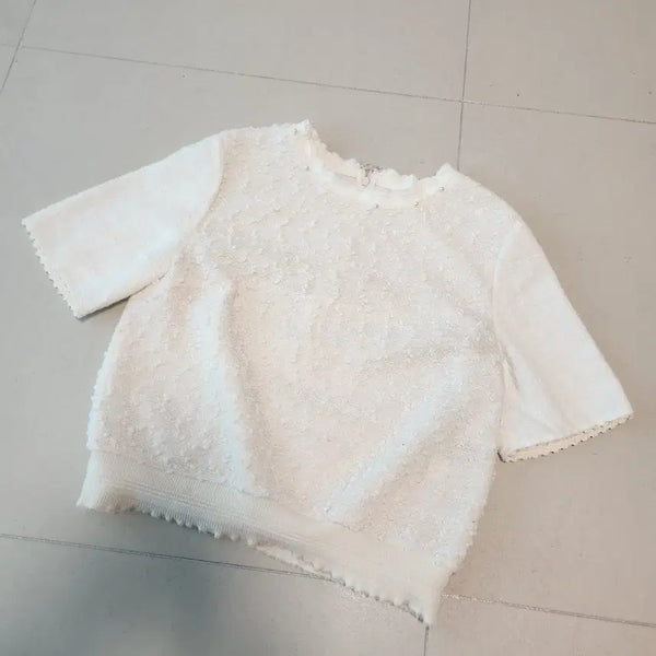 [BUNJANG] Mine Pearl Neck Textured Short-Sleeve Knit Top / 마인 진주 넥 텍스쳐 반팔 니트 탑 80