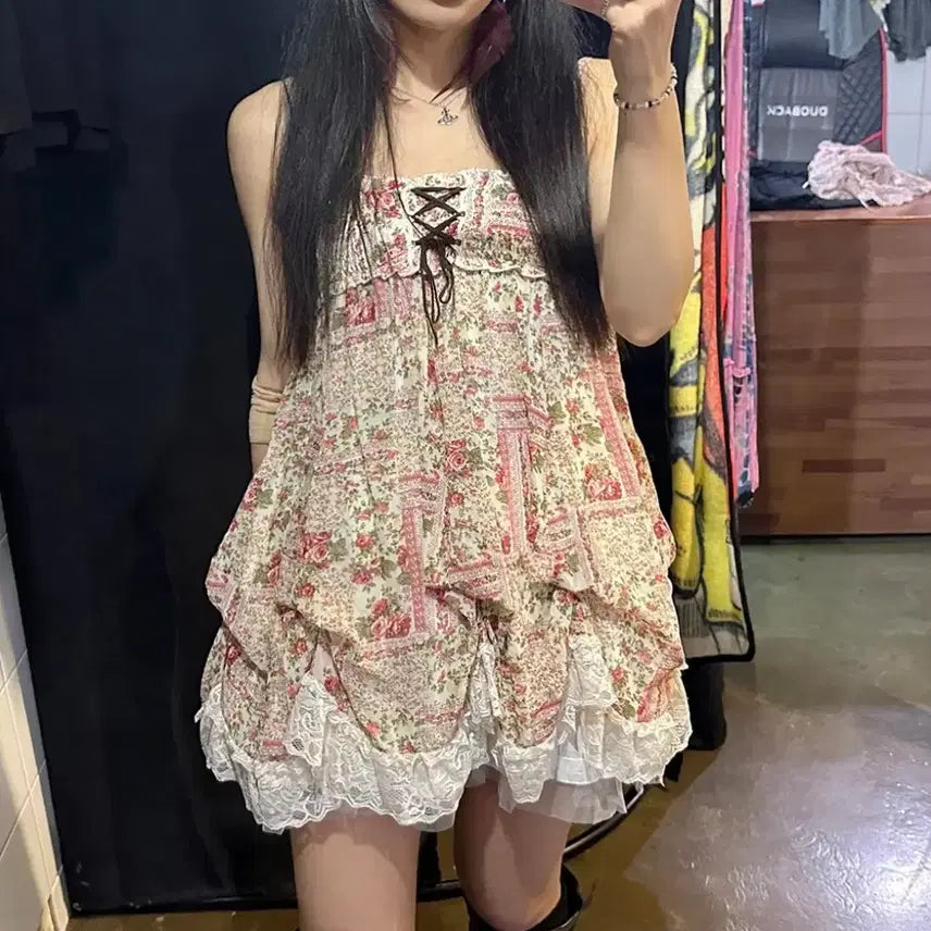 [BUNJANG] Flower Lace-up Ribbon Sleeveless Balloon Dress - Japanese Vintage Lolita / 플라워꽃 레이스업리본 끈나시 민소매 벌룬원피스 일본빈티지 로리