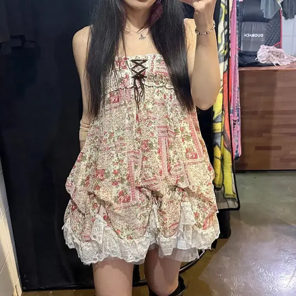 [BUNJANG] Flower Lace-up Ribbon Sleeveless Balloon Dress - Japanese Vintage Lolita / 플라워꽃 레이스업리본 끈나시 민소매 벌룬원피스 일본빈티지 로리