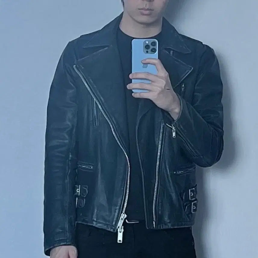 [BUNJANG] Buffalo Leather Two-Way Rider Leather Jacket / No ID 버팔로 가죽 투웨이 라이더 가죽 자켓