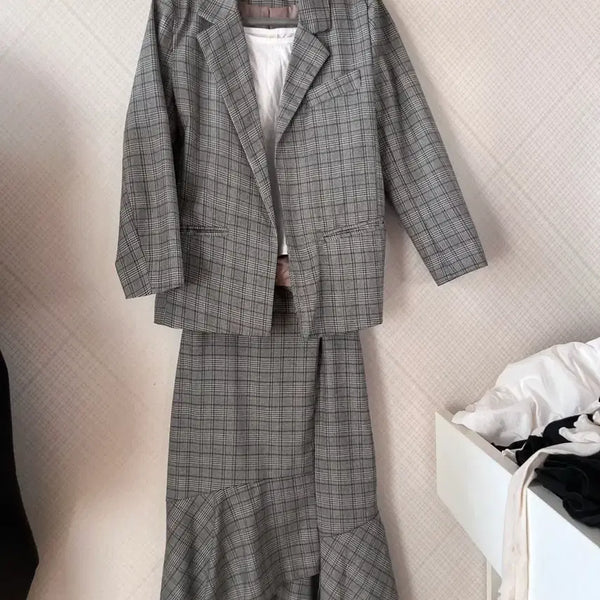 [BUNJANG] Check Pattern Jacket and Skirt Set / 체크 패턴 자켓 스커트 셋업