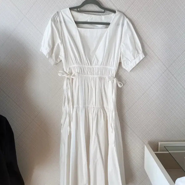[BUNJANG] Square Neck Shirring Puff Short Sleeve Dress / 스퀘어넥 화이트 셔링 퍼프 반팔 원피스